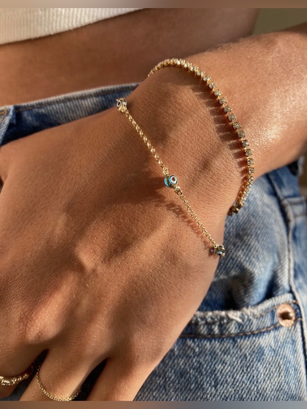 Solid 14K Gold Blue Evil Eye Bracelet 6.5”